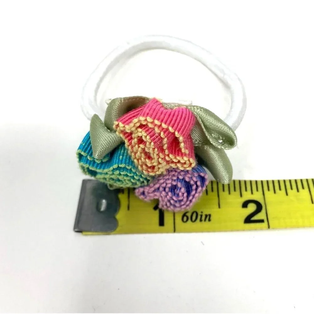 Trio Rosettes Pink Purple Blue Elastic Hair Tie Grosgrain Ribbon Kids Preowned